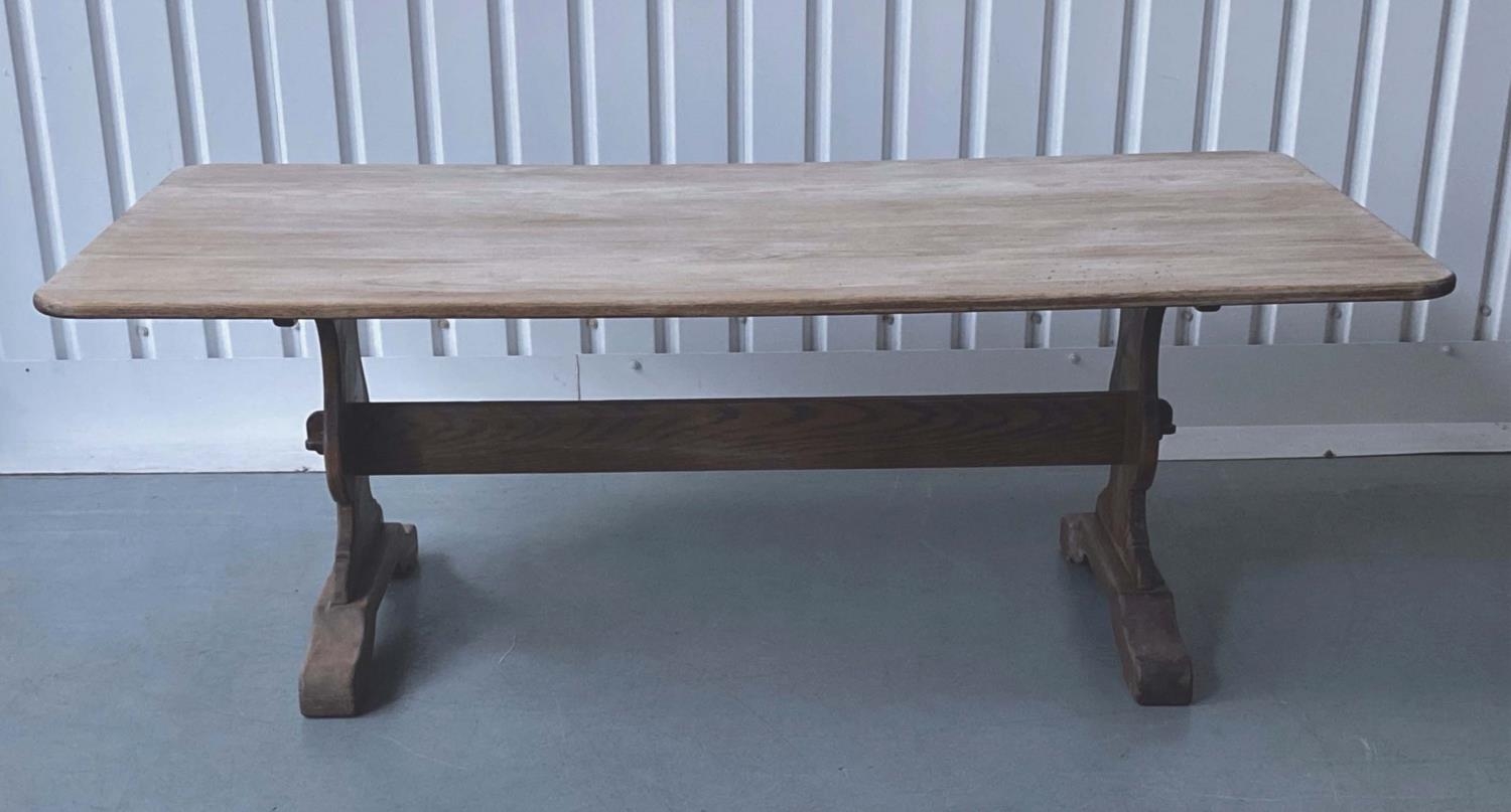 REFECTORY DINING TABLE, round rectangular oak, planked and raised upon shaped trestle supports - Image 4 of 7