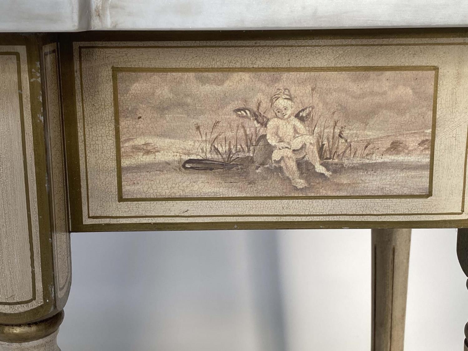 CONSOLE TABLE, Italian style breakfront form with Carrara marble top, cherub painted frieze and - Image 8 of 8