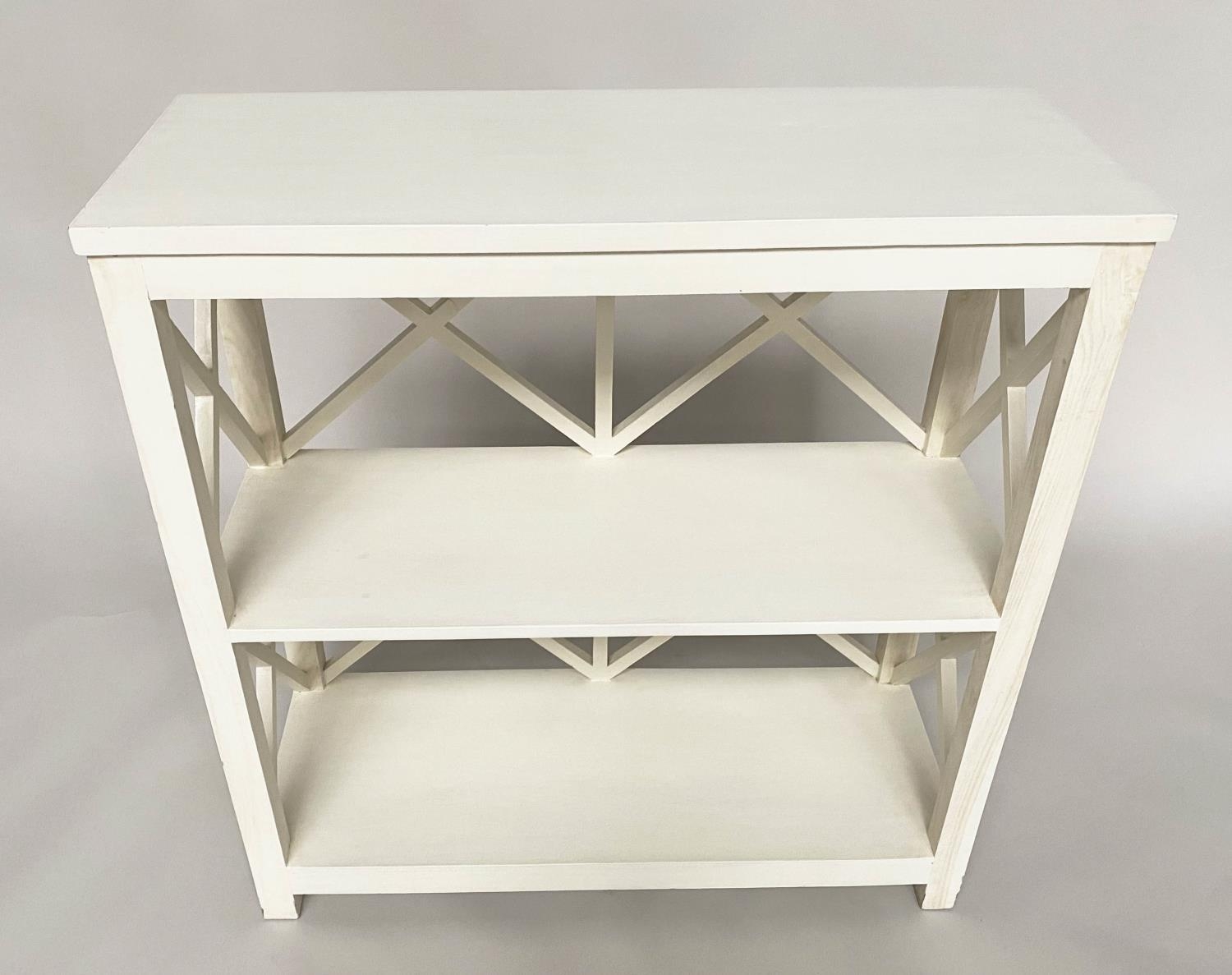 OPEN BOOKCASE, Oka style white painted with two shelves and lattice framework, 85cm W x 33cm D x - Image 4 of 5