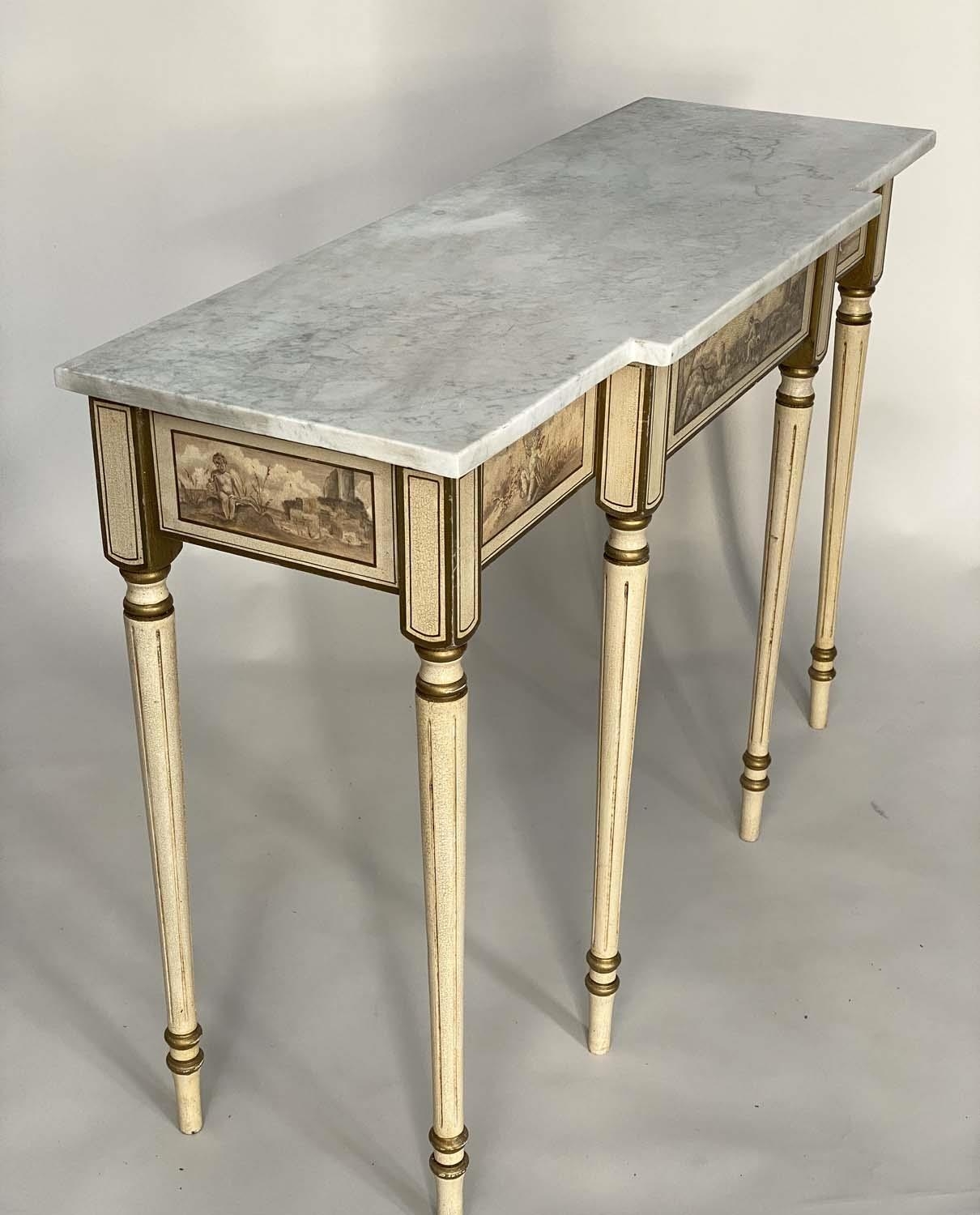 CONSOLE TABLE, Italian style breakfront form with Carrara marble top, cherub painted frieze and - Image 5 of 8