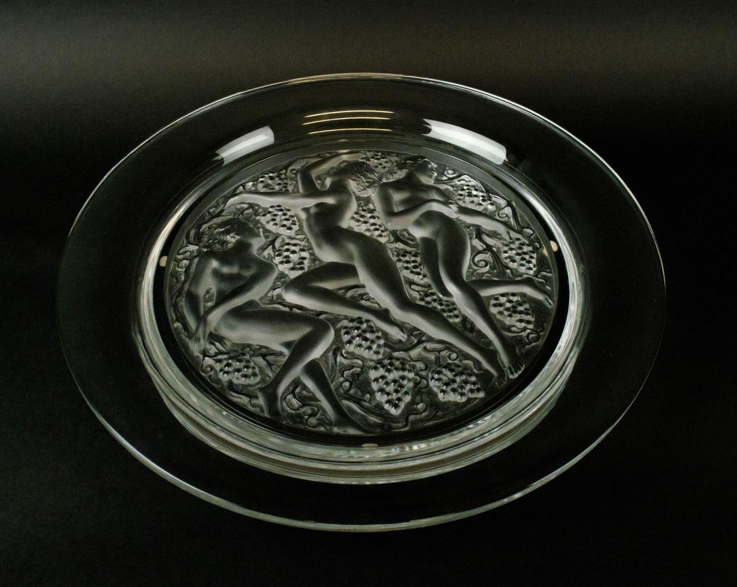LALIQUE FROSTED GLASS DISH, three graces amongst grapevines, 40cm D. - Image 2 of 7