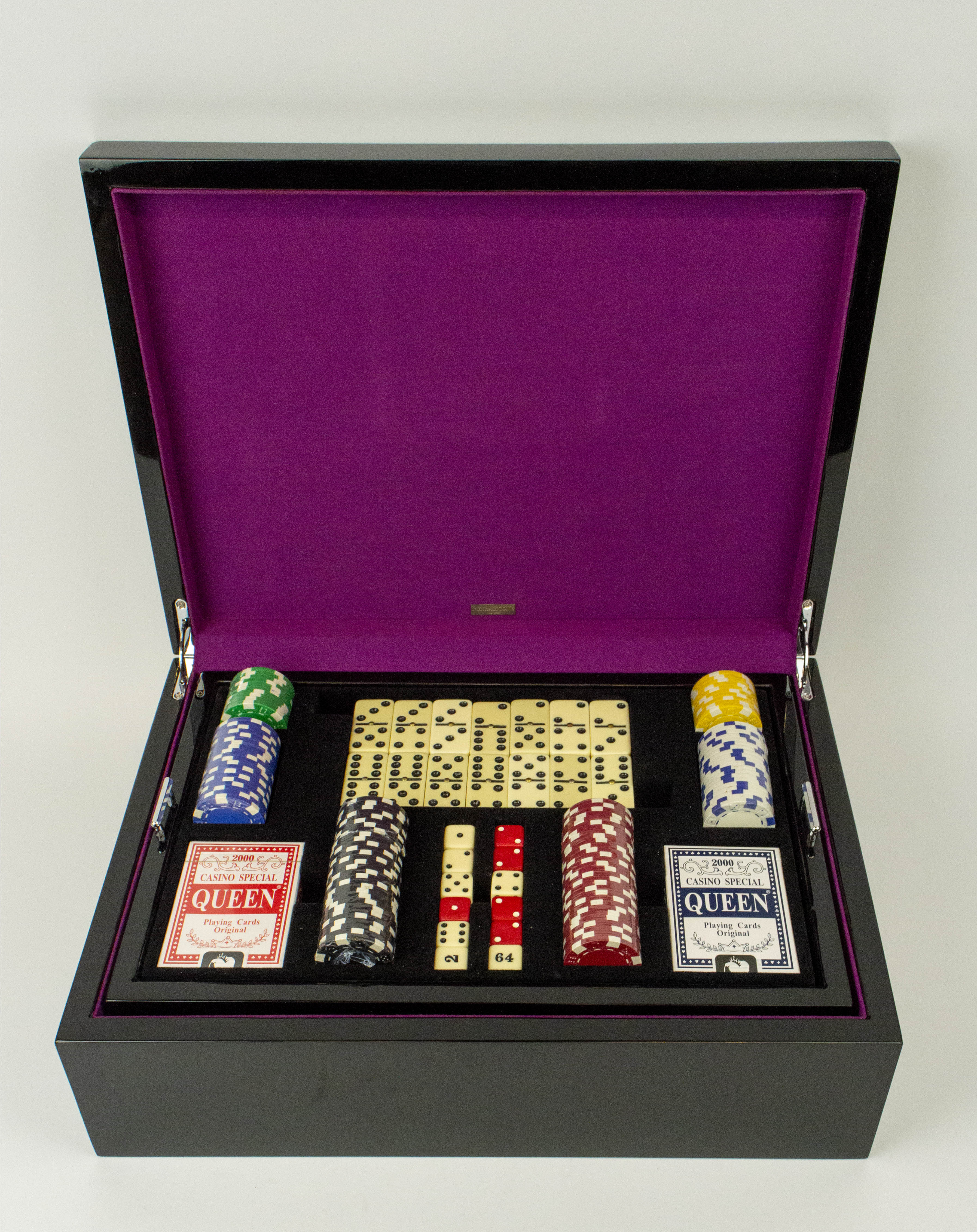 PENHALIGON'S GAMES BOX, black lacquered fitted tray with card sets dice, chips dominos and folding - Image 14 of 15