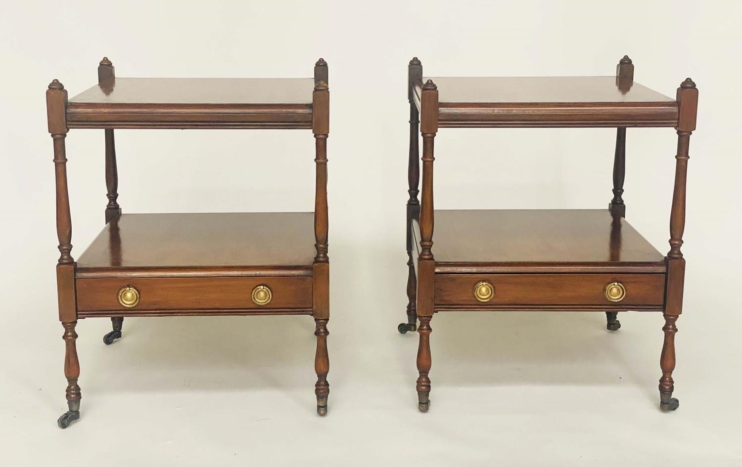 LAMP TABLES, a pair, George III design figured mahogany each with two tiers and drawer, 60cm x - Image 2 of 3