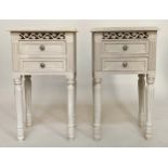 BEDSIDE TABLES, a pair French style traditionally grey painted each with two drawers, pierced frieze