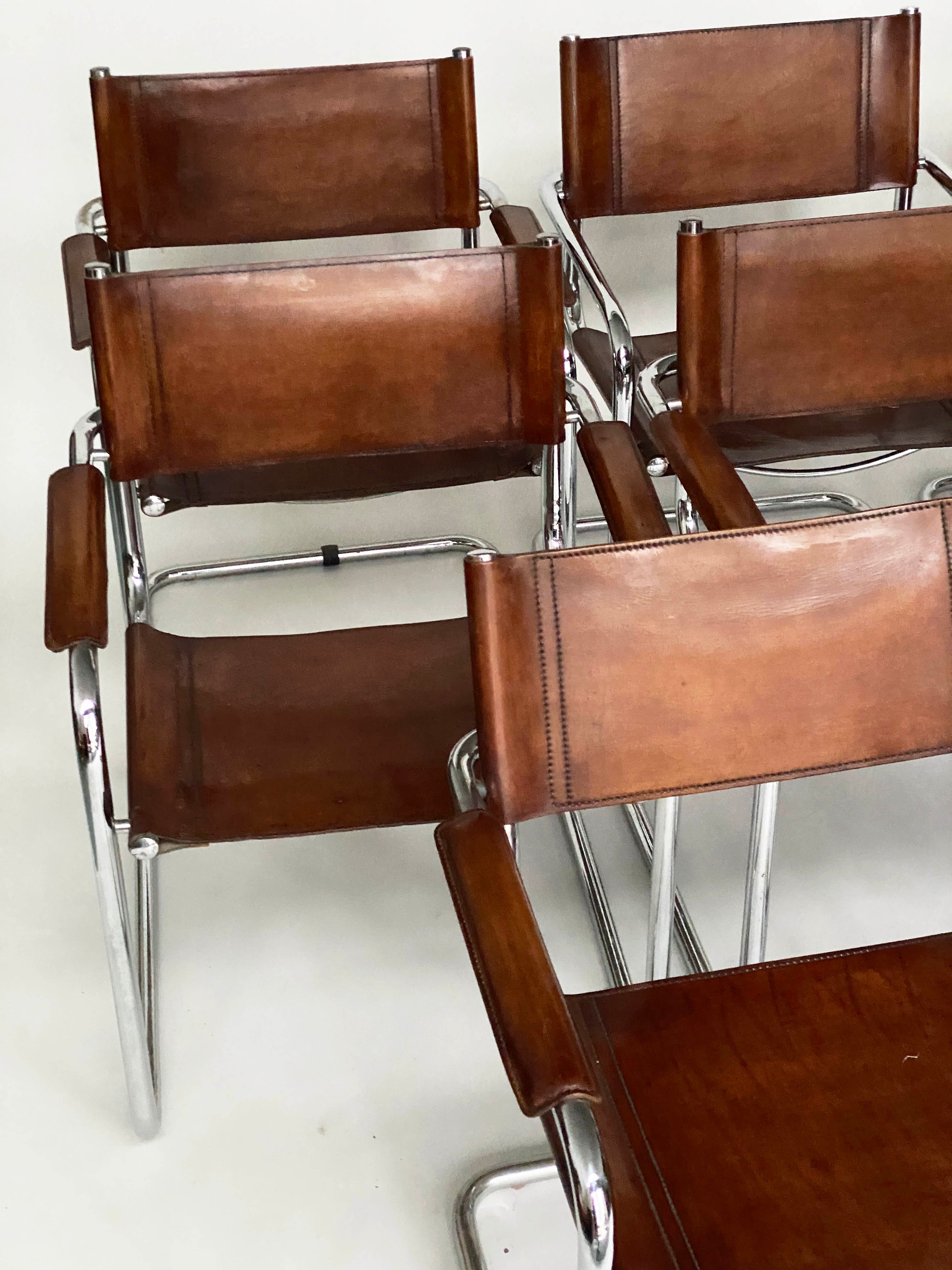 DINING ARMCHAIRS, eight Bauhaus design chrome cantilever armchairs with stitched tan leather - Image 3 of 5