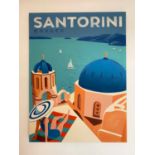 REPRODUCTION VINTAGE SANTORINI TRAVEL ADVERTISEMENT, acrylic on canvas, 120cm x 90cm.