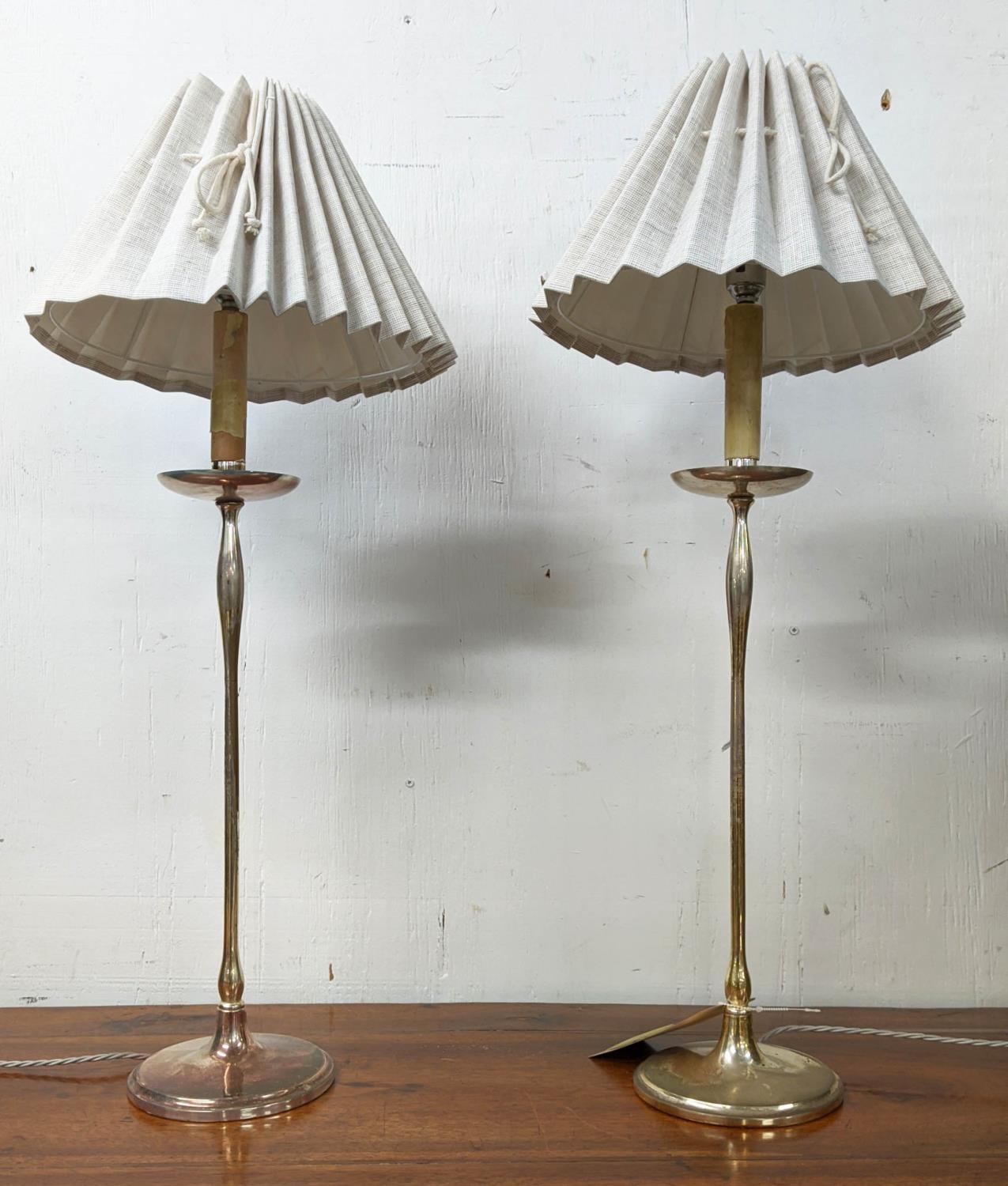 TABLE LAMPS, a pair, faux candlestick design with shades, 75cm H. (2)