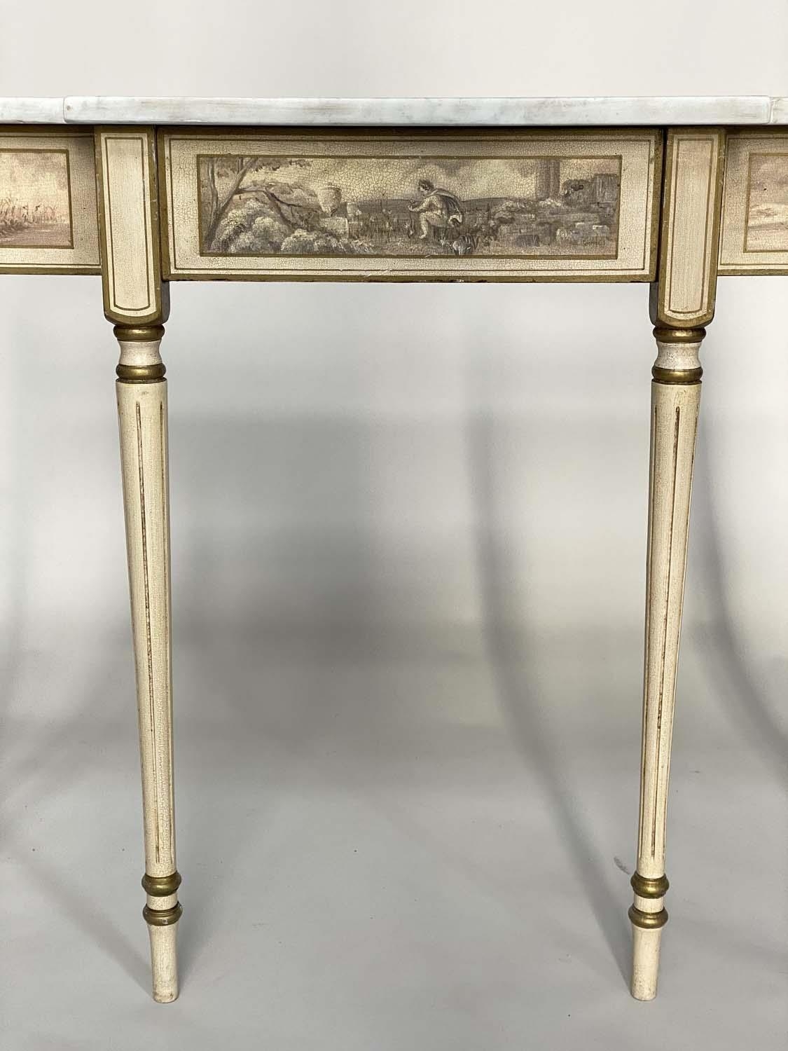 CONSOLE TABLE, Italian style breakfront form with Carrara marble top, cherub painted frieze and - Image 3 of 8