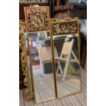 PIER GLASS, Chinese with carved red gilt lacquered panel, 25cm x 150cm H, plus another similar, 33cm