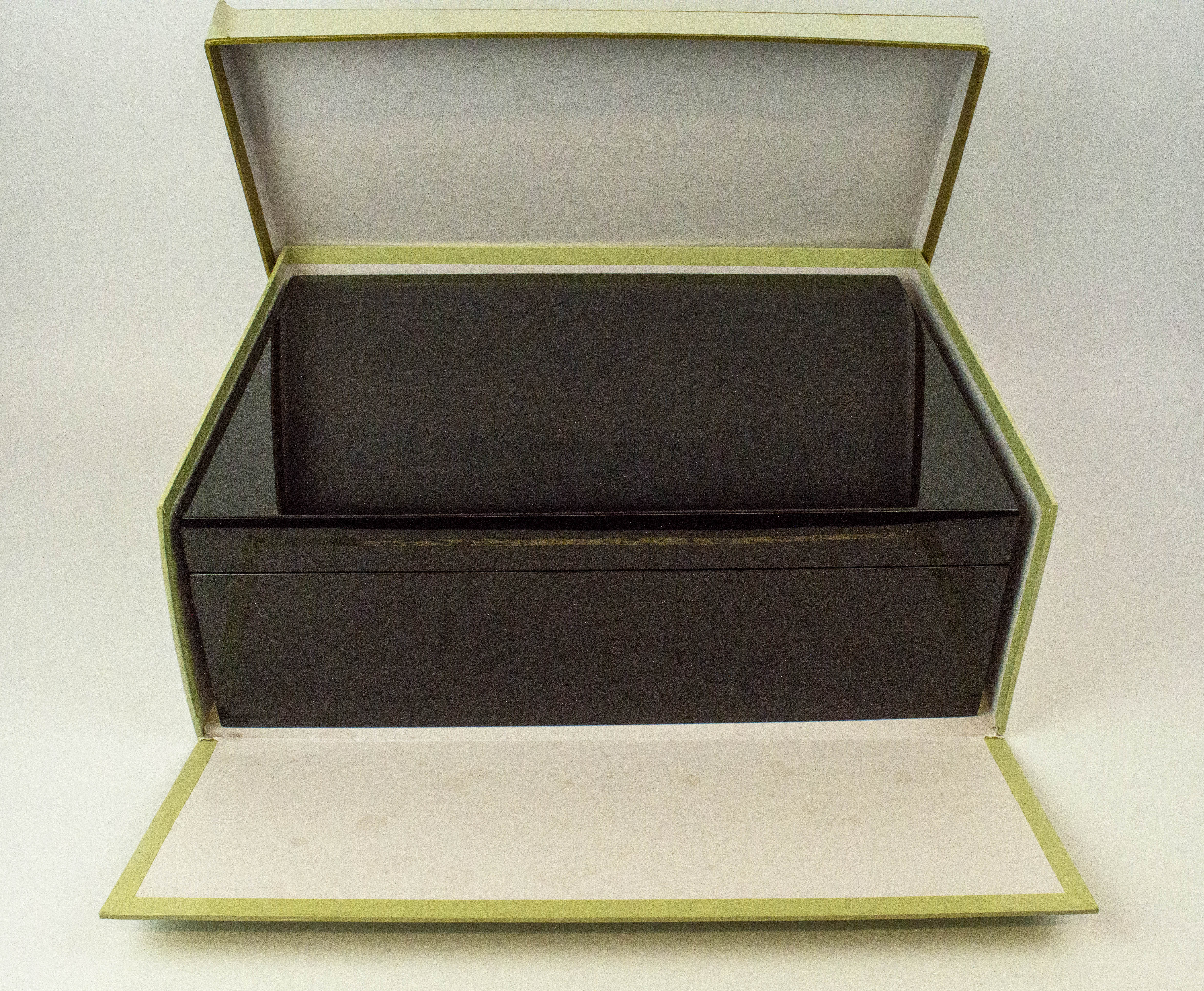 PENHALIGON'S GAMES BOX, black lacquered fitted tray with card sets dice, chips dominos and folding - Image 12 of 15