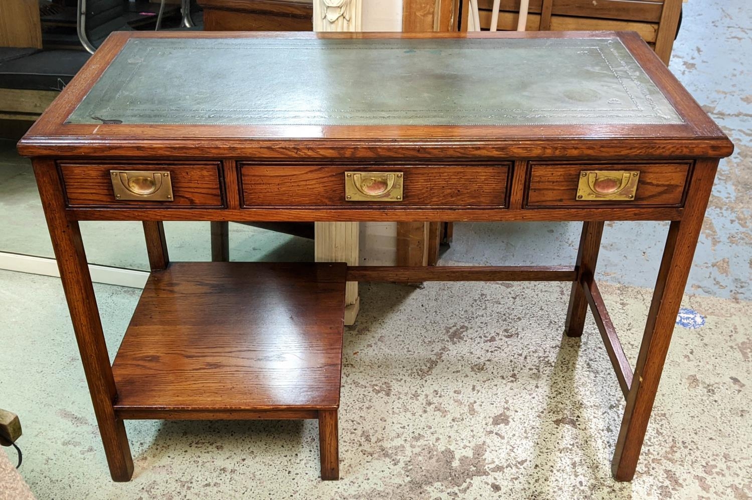 WRITING DESK, 107cm x 52cm x 77cm H, military style oak by Kennedy with green leather top above