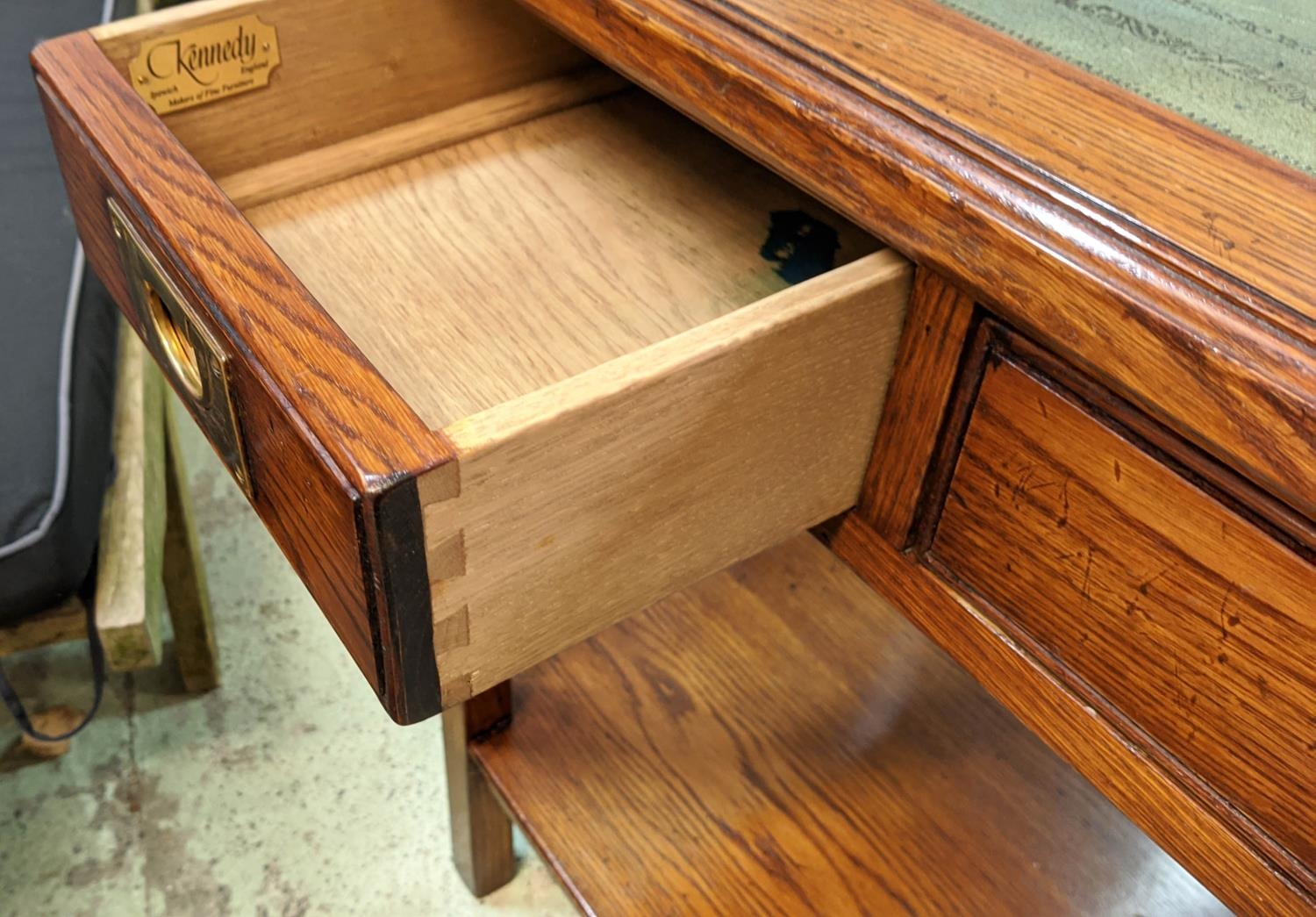 WRITING DESK, 107cm x 52cm x 77cm H, military style oak by Kennedy with green leather top above - Image 6 of 7