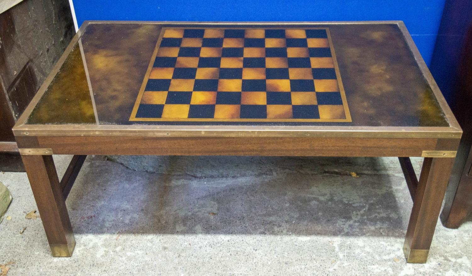 LOW GAMES TABLE, 43cm H x 103cm x 61cm, Campaign style brass bound with chessboard and inset glass