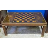 LOW GAMES TABLE, 43cm H x 103cm x 61cm, Campaign style brass bound with chessboard and inset glass