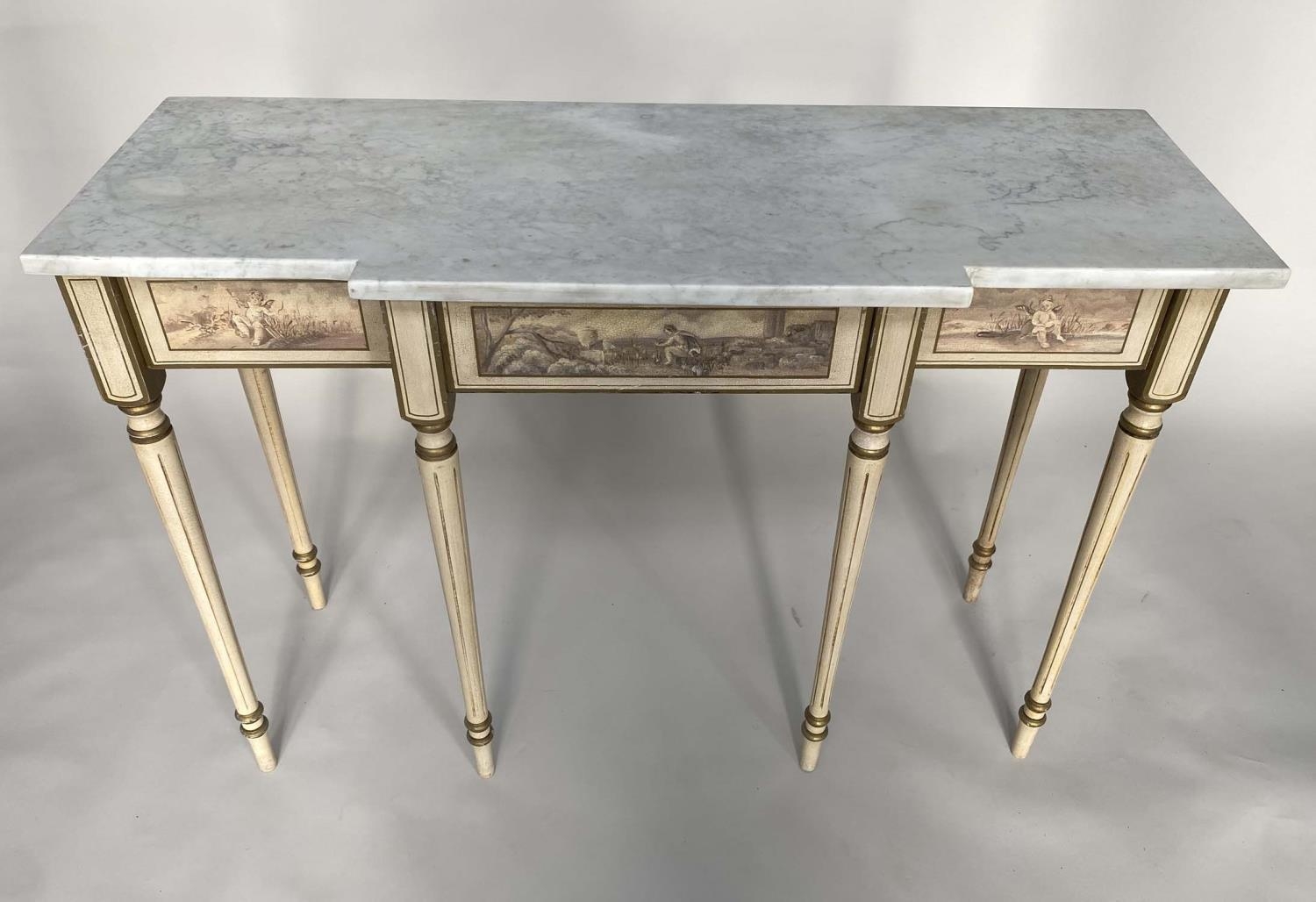 CONSOLE TABLE, Italian style breakfront form with Carrara marble top, cherub painted frieze and - Image 4 of 8