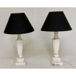 TABLE LAMPS, a pair, white marble with tapering reeded columns and square plinth base, 60cm H. (2)