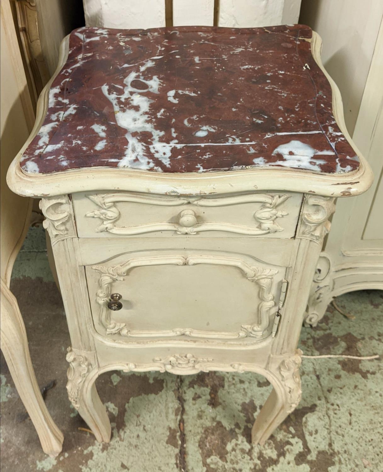 BEDSIDE CABINETS, two similar, cream painted, late 19th/early 20th century French one 84cm H, the - Image 3 of 7