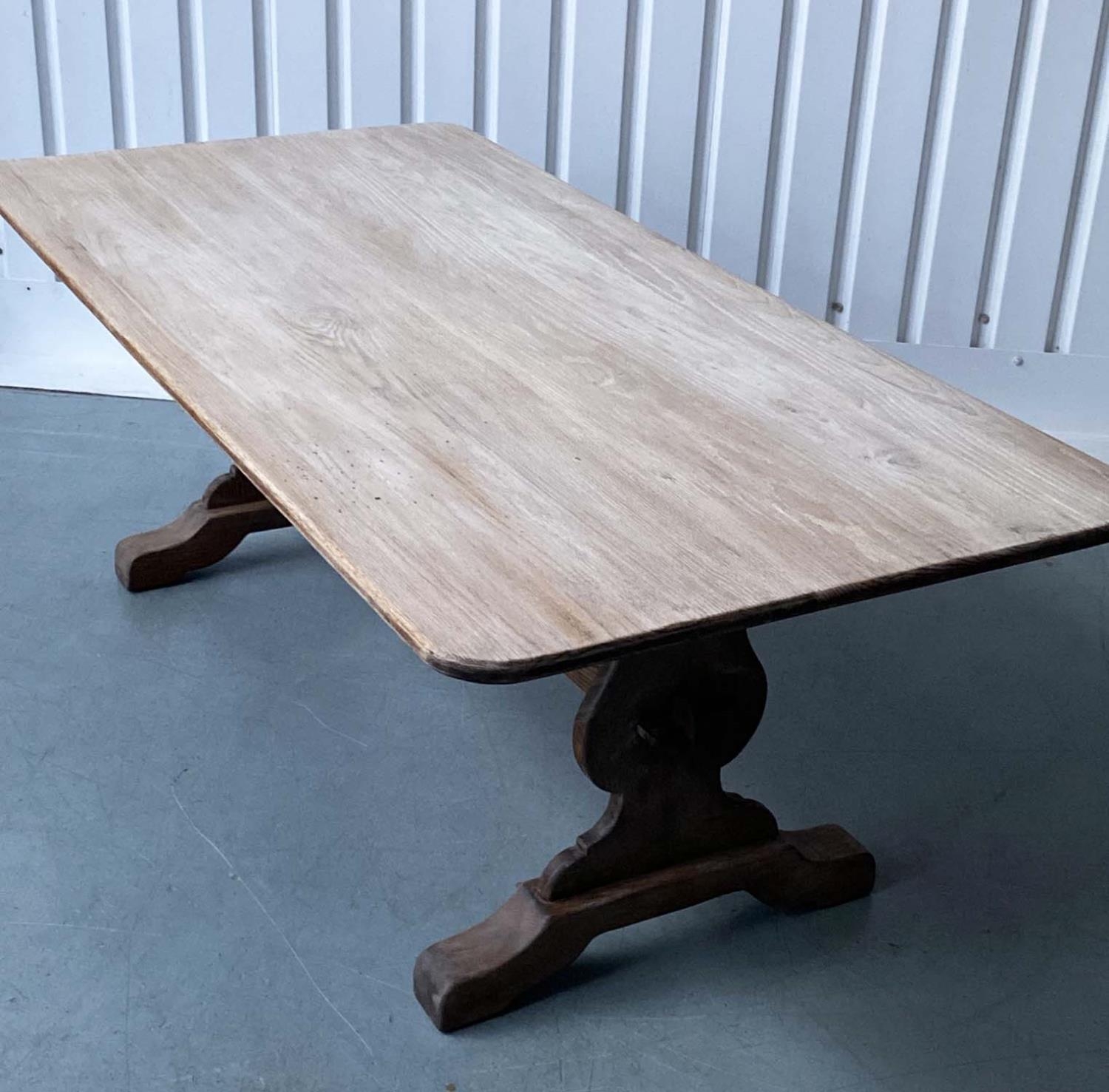 REFECTORY DINING TABLE, round rectangular oak, planked and raised upon shaped trestle supports - Image 3 of 7