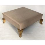 CENTRE STOOL, square stamped and brass studded soft leather with carved outswept supports by Mary