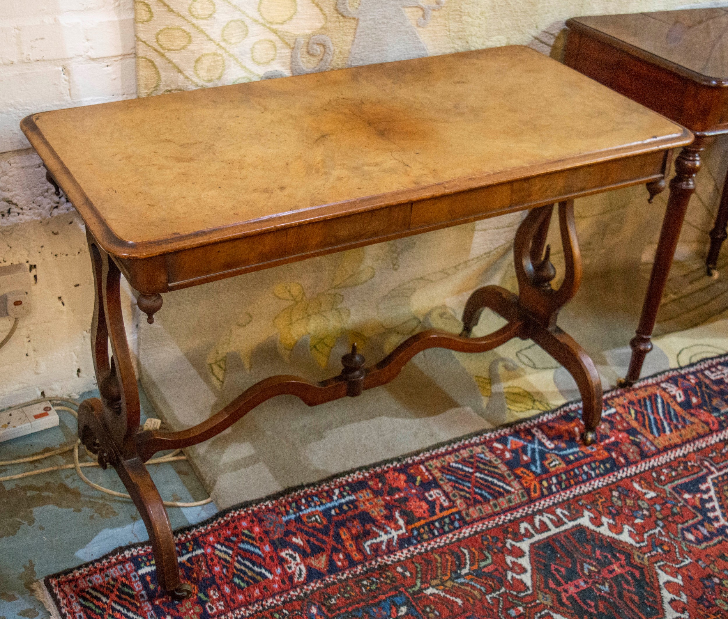 CENTRE TABLE, 105cm W x 69cm H x 51.5cm D Victorian burr walnut on lyre end supports joined by a - Image 2 of 4