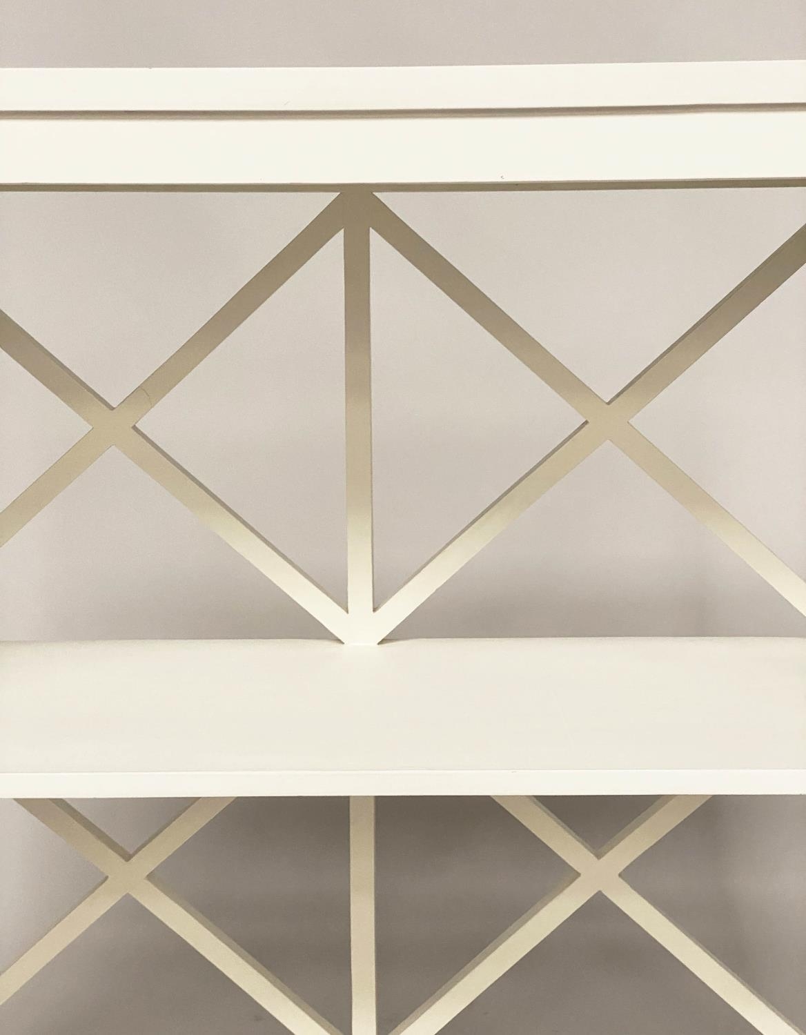 OPEN BOOKCASE, Oka style white painted with two shelves and lattice framework, 85cm W x 33cm D x - Image 3 of 5