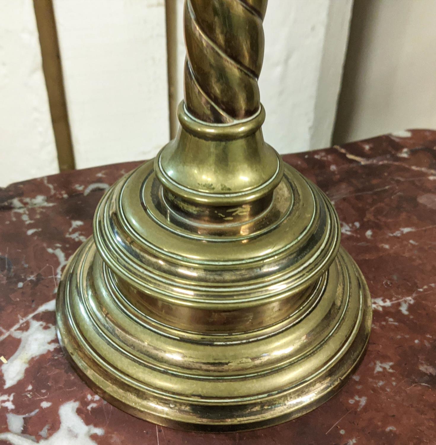 BRASS LAMP, 71cm H including paper shade converted from a Victorian altar candlestick. - Image 3 of 4