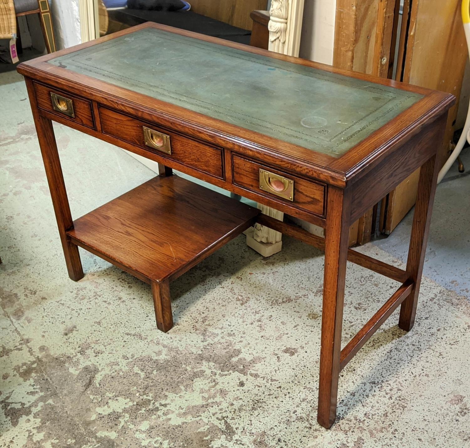 WRITING DESK, 107cm x 52cm x 77cm H, military style oak by Kennedy with green leather top above - Image 2 of 7