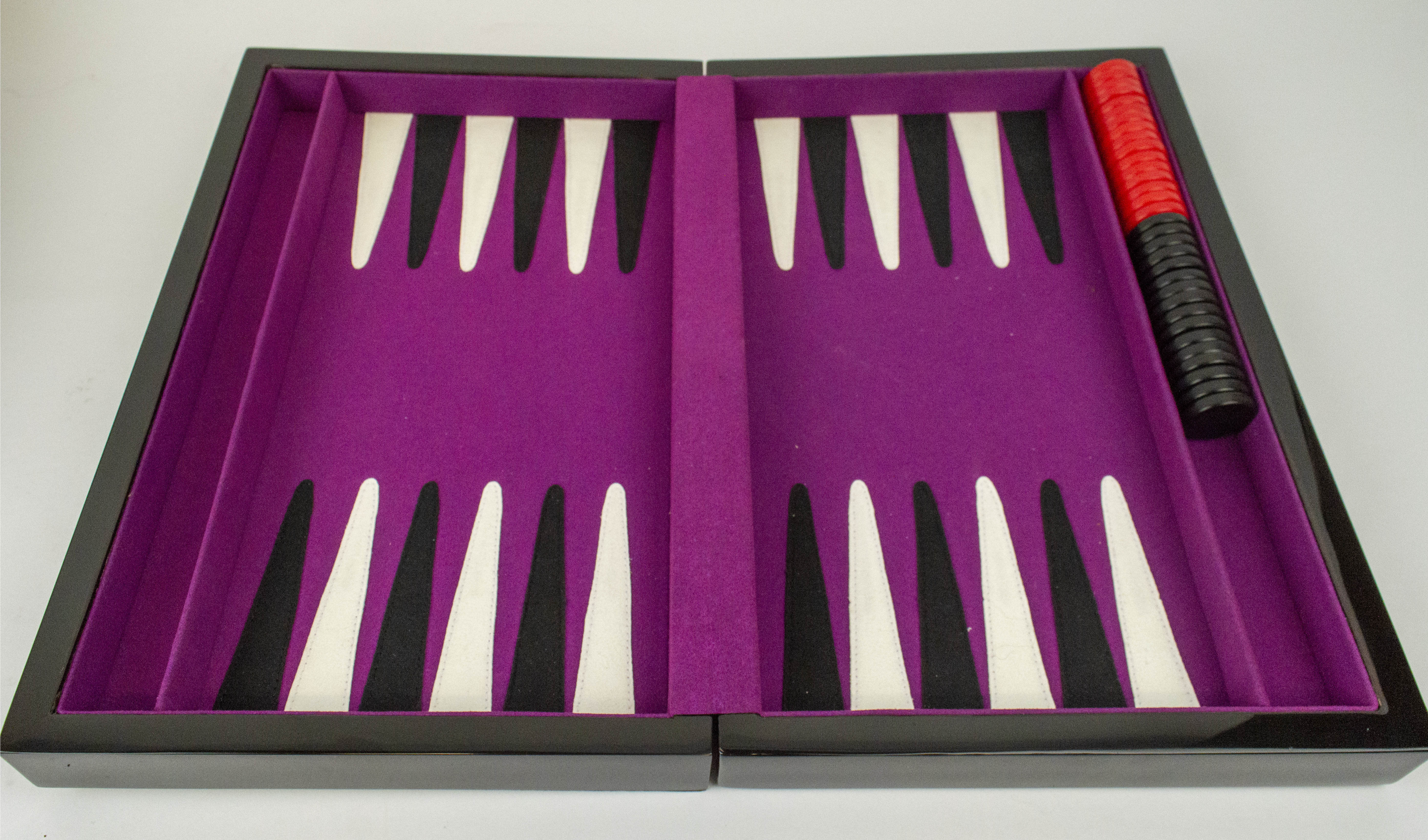 PENHALIGON'S GAMES BOX, black lacquered fitted tray with card sets dice, chips dominos and folding - Image 7 of 15