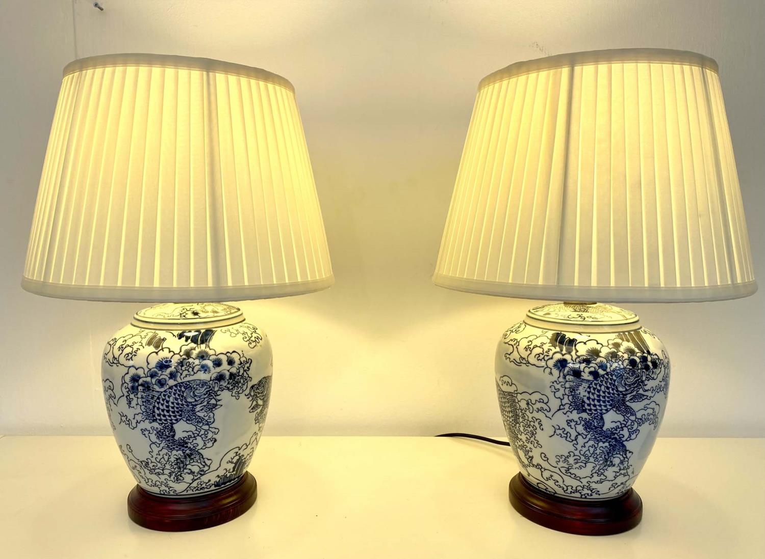 TABLE LAMPS, pair, 52cm H x 35cm diam., Chinese export style blue and white ceramic, Carp detail, - Image 3 of 3