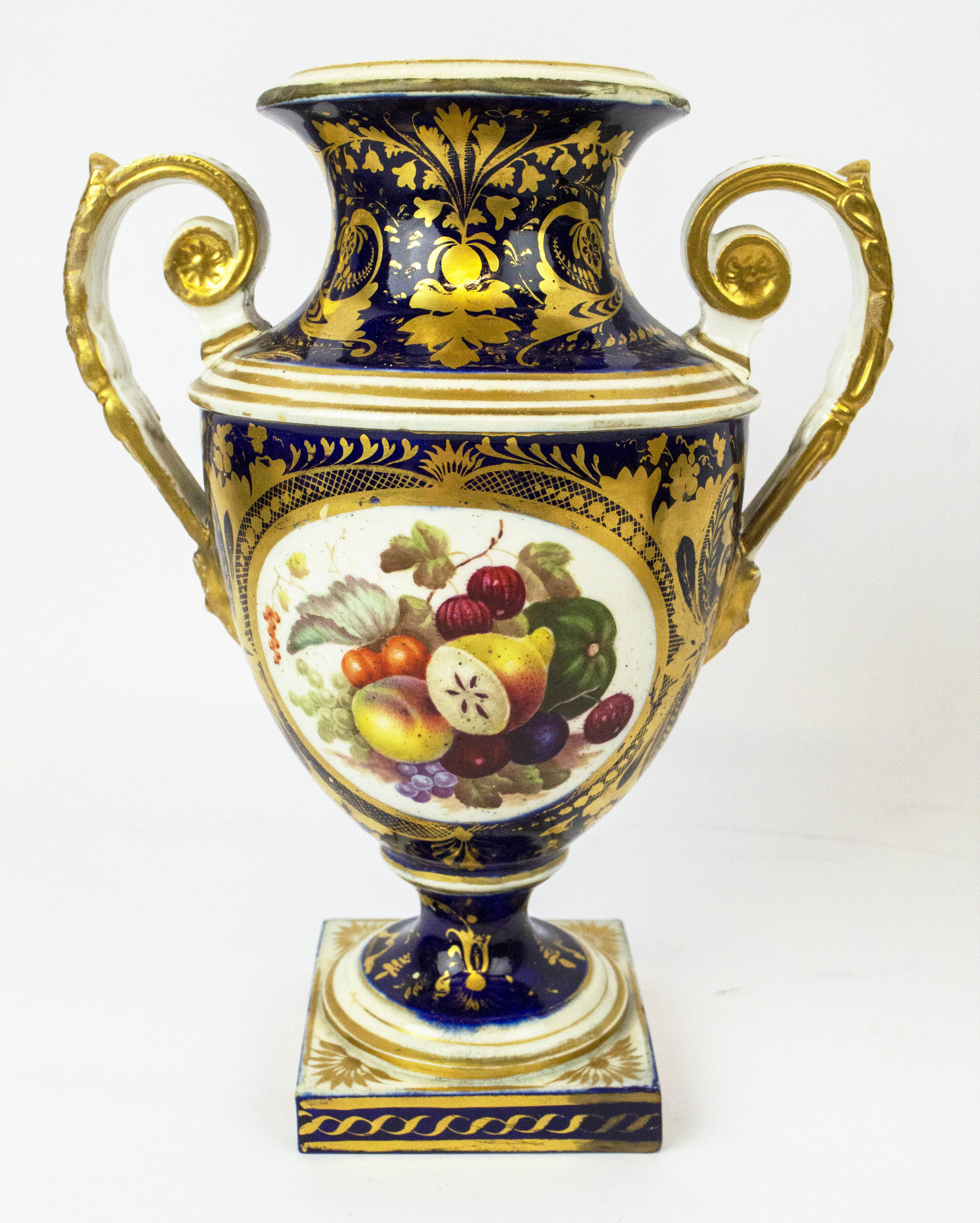 ROYAL CROWN DERBY VASES, a pair, 19th century hand painted with botanical still life with blue - Image 3 of 6