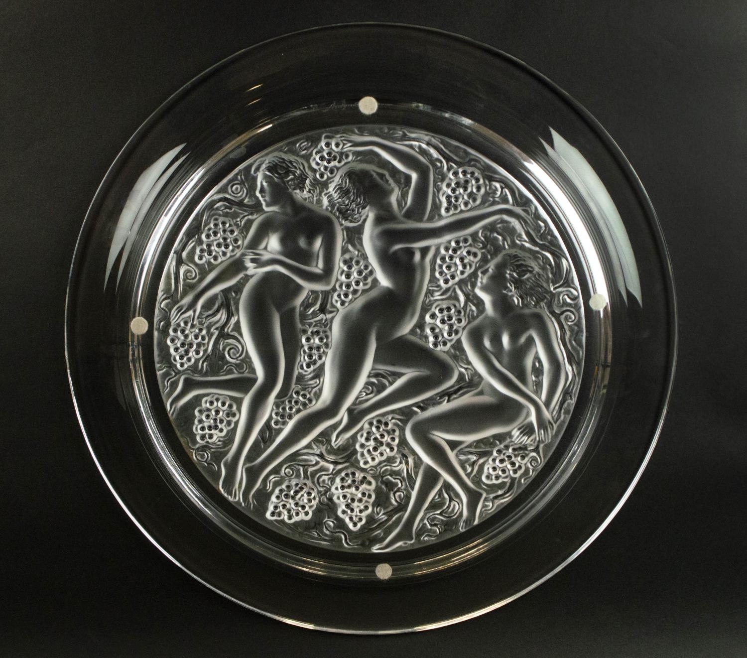 LALIQUE FROSTED GLASS DISH, three graces amongst grapevines, 40cm D. - Image 6 of 7