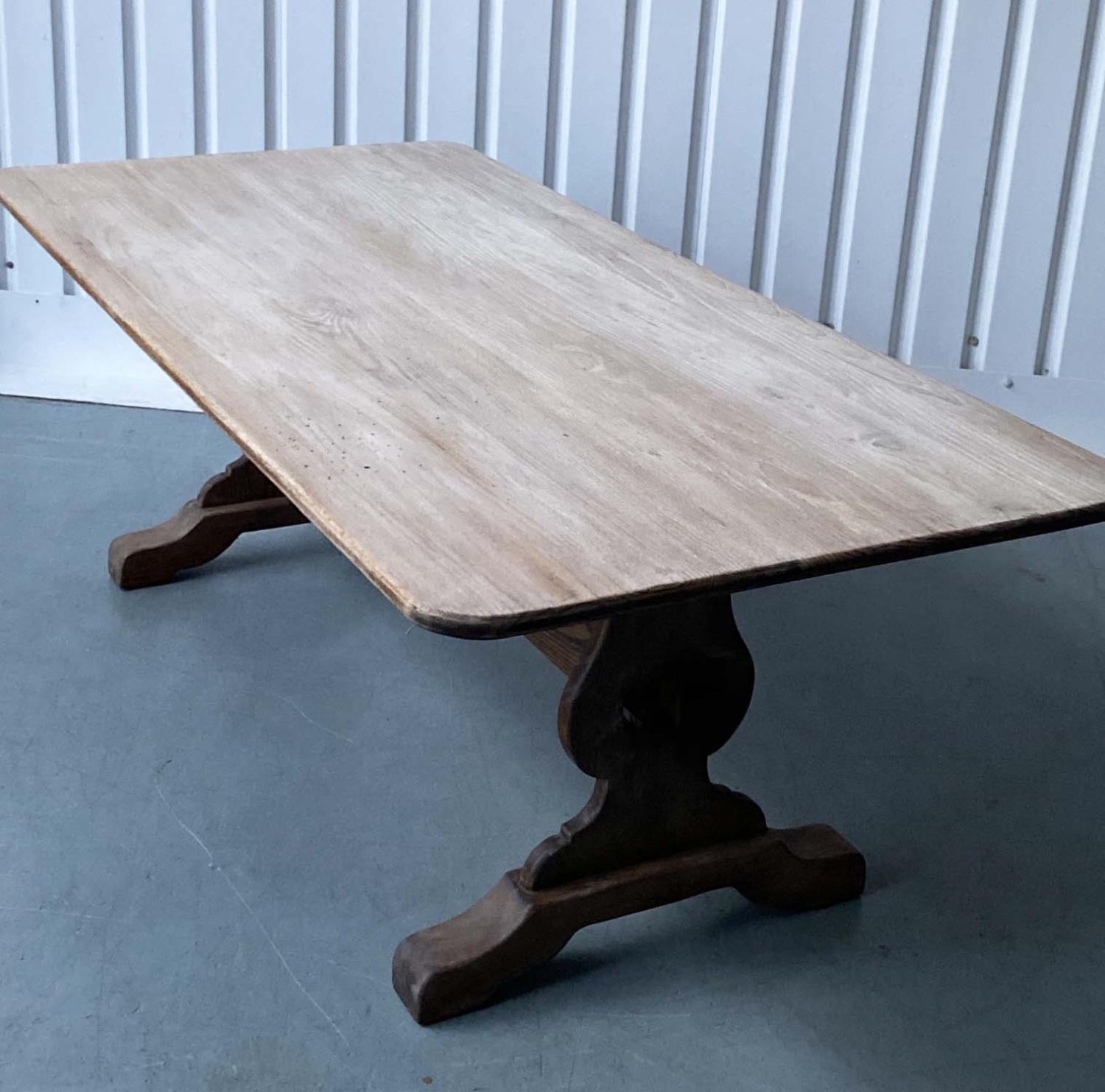 REFECTORY DINING TABLE, round rectangular oak, planked and raised upon shaped trestle supports - Image 2 of 7