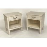 BEDSIDE TABLES, a pair, Gustavian style grey painted each with drawer, undertier and tapering