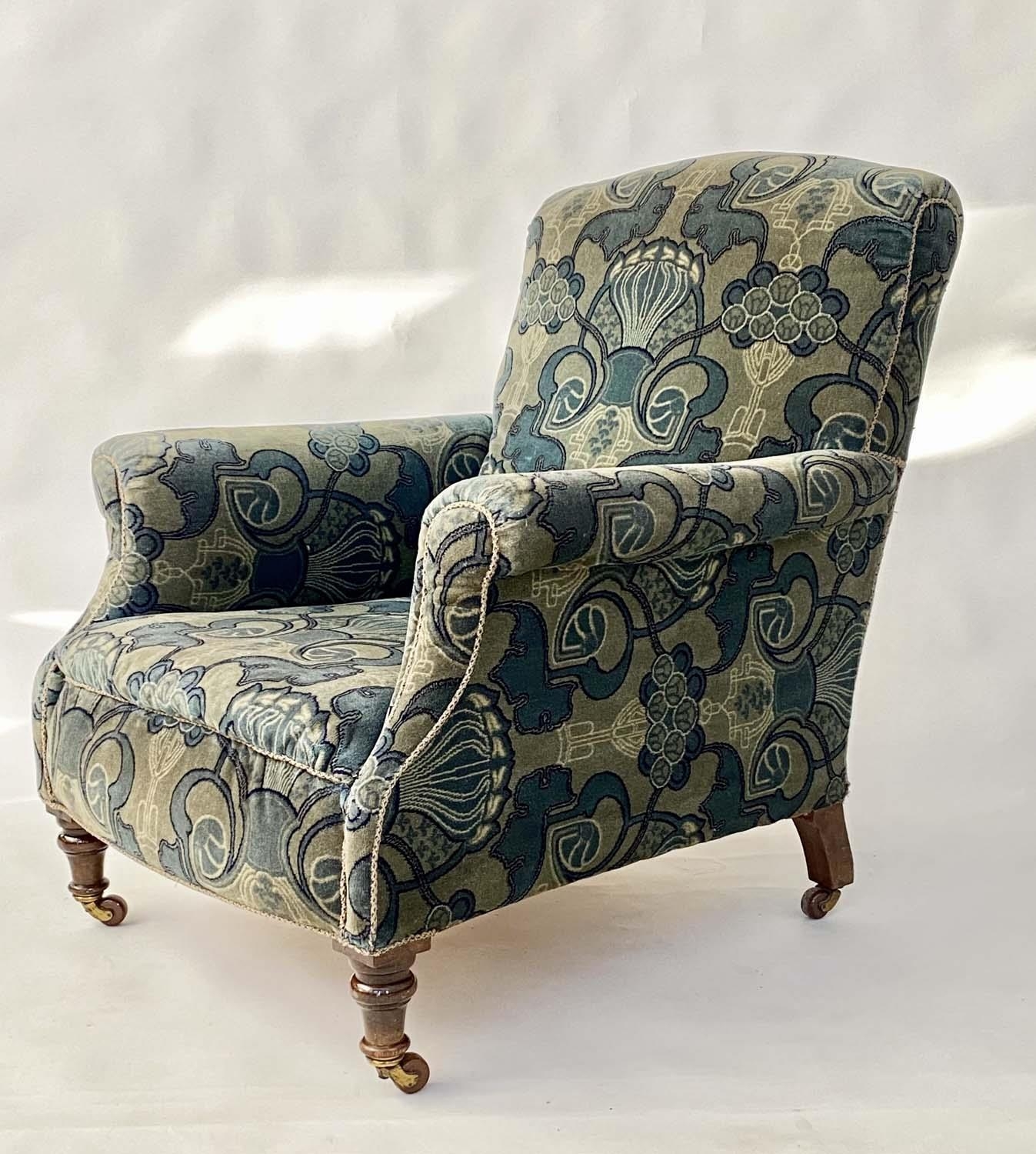 ARMCHAIR, early 20th century with blue and green Art Deco pattern carpet weave upholstery, 84cm W.