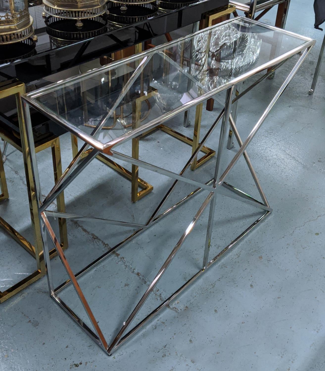 CONSOLE TABLE, 90cm x 30cm x 76cm, Bauhaus style, polished metal and glass.