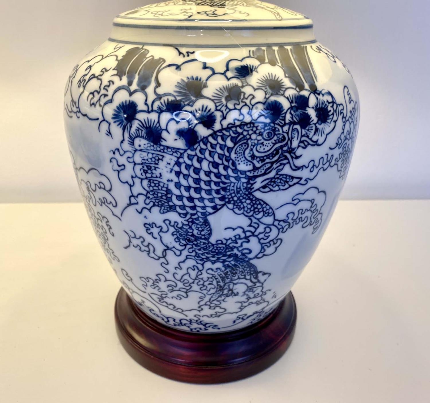 TABLE LAMPS, pair, 52cm H x 35cm diam., Chinese export style blue and white ceramic, Carp detail, - Image 2 of 3