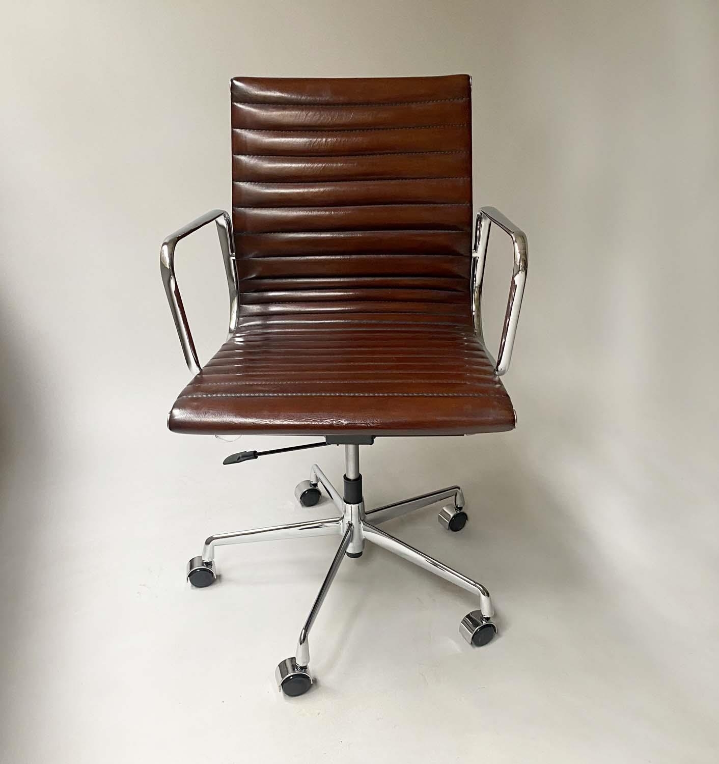 REVOLVING DESK CHAIR, Charles and Ray Eames inspired with ribbed mid brown leather upholstered - Image 4 of 5