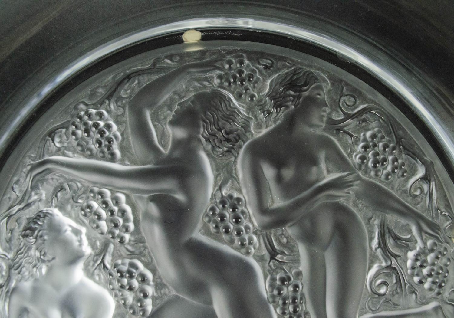 LALIQUE FROSTED GLASS DISH, three graces amongst grapevines, 40cm D. - Image 4 of 7