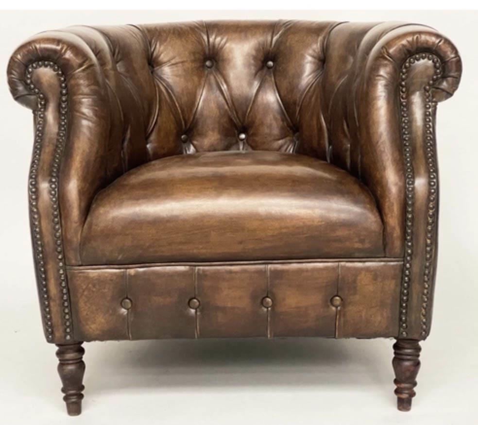 LIBRARY ARMCHAIR, Alexander and James deep buttoned mid brown leather with bow back, 82cm W. - Image 3 of 5