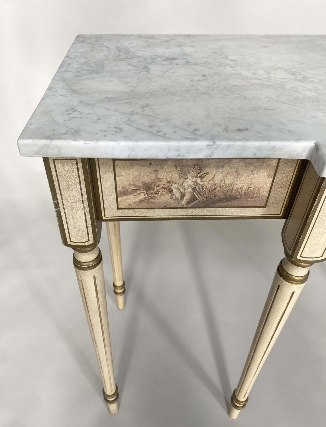 CONSOLE TABLE, Italian style breakfront form with Carrara marble top, cherub painted frieze and - Image 6 of 8