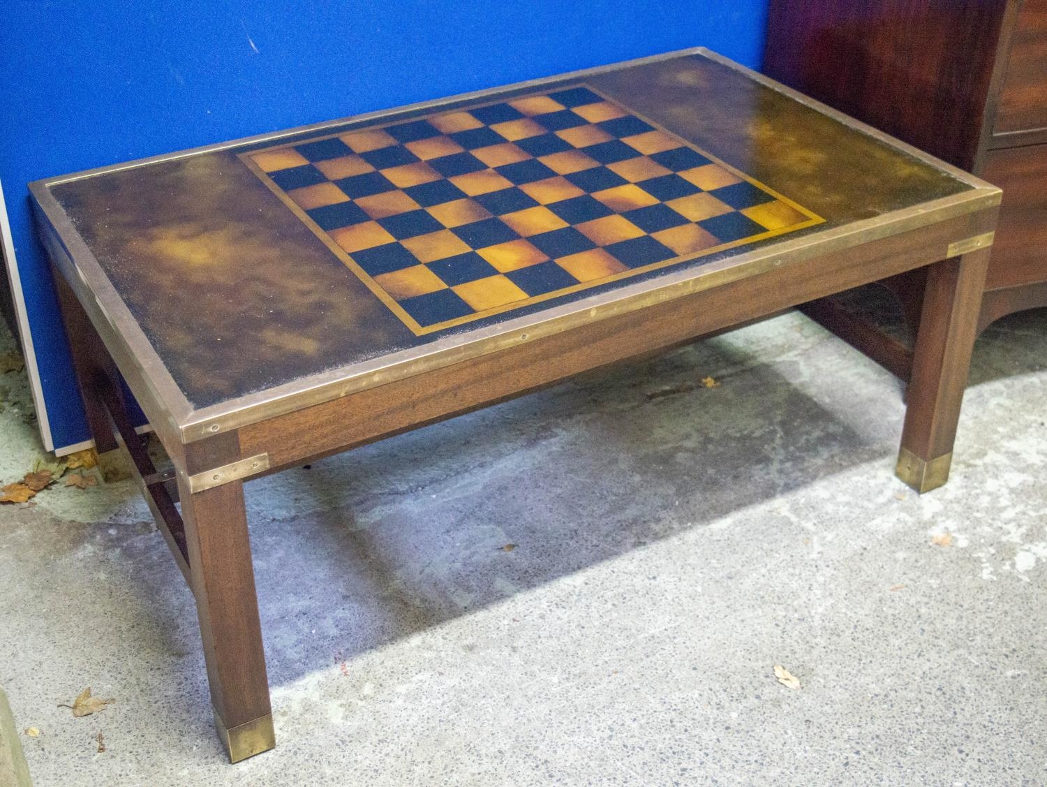 LOW GAMES TABLE, 43cm H x 103cm x 61cm, Campaign style brass bound with chessboard and inset glass - Image 2 of 4