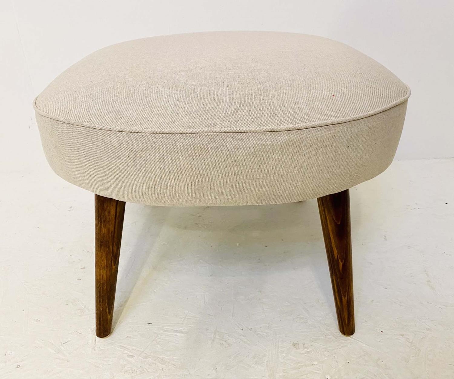 STOOLS, a pair, 1950s Italian style neutral linen upholstery, 38cm H x 54cm D. (2)