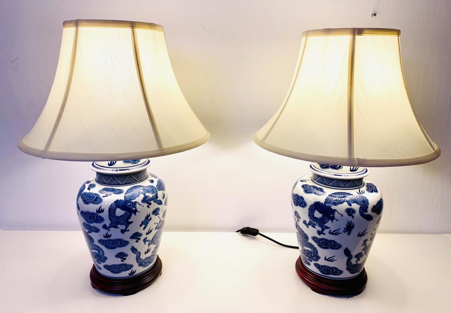 TABLE LAMPS, pair, 60cm H x 40cm diam., Chinese export style blue and white ceramic, neutral