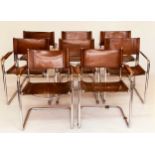 DINING ARMCHAIRS, eight Bauhaus design chrome cantilever armchairs with stitched tan leather