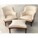 BERGERES, a pair, French Louis XVI style walnut, with cream brocade upholstery, and matching
