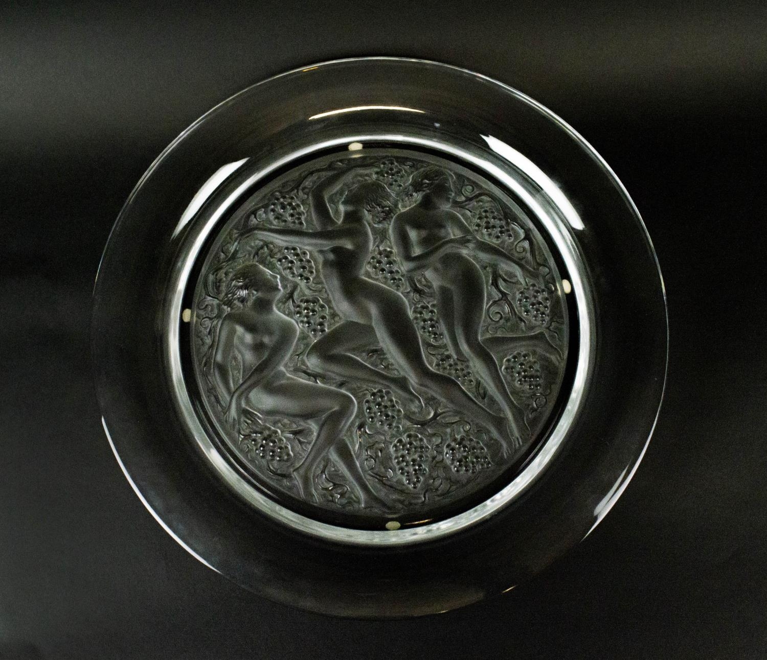 LALIQUE FROSTED GLASS DISH, three graces amongst grapevines, 40cm D. - Image 3 of 7