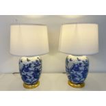 TABLE LAMPS, pair, 62cm H x 38cm diam., Chinese export style blue and white ceramic, neutral shades,