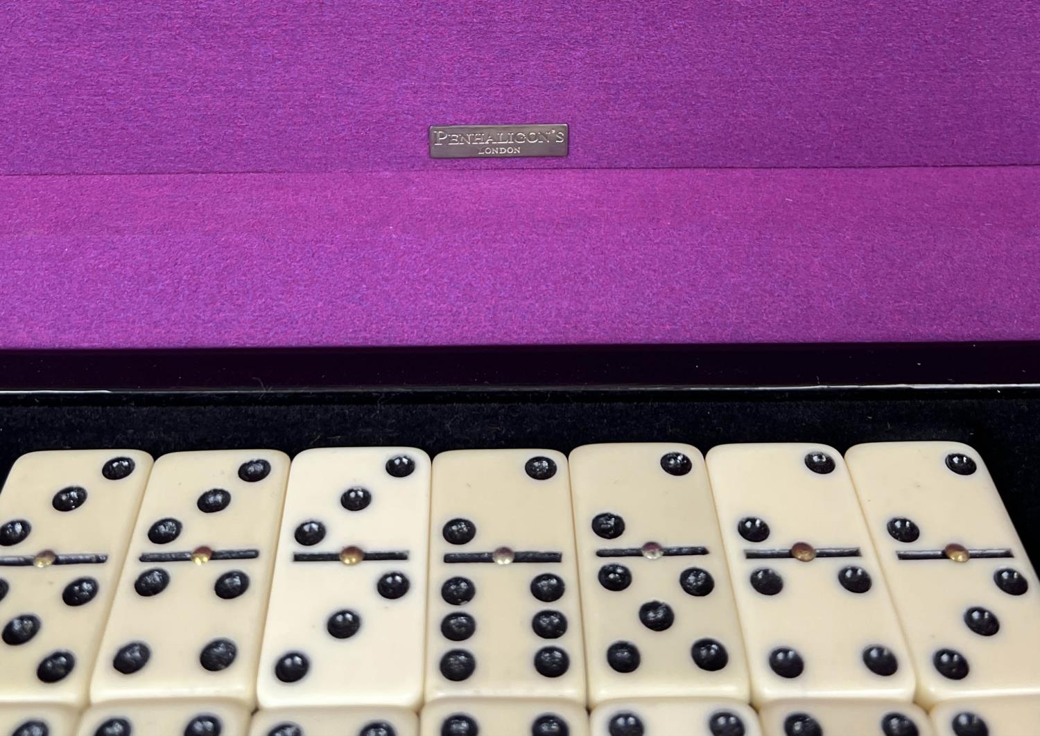 PENHALIGON'S GAMES BOX, black lacquered fitted tray with card sets dice, chips dominos and folding - Image 4 of 15