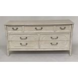 FAUX BAMBOO LOW CHEST, traditionally grey painted and caned with panelled drawers above four further