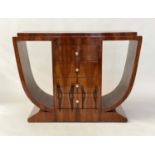 ART DECO STYLE CONSOLE TABLE, American walnut with four drawers flanked by arched supports, 120cm